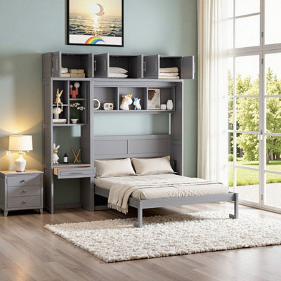 Grand lit escamotable mural avec bureau, tablettes et armoires intégrés