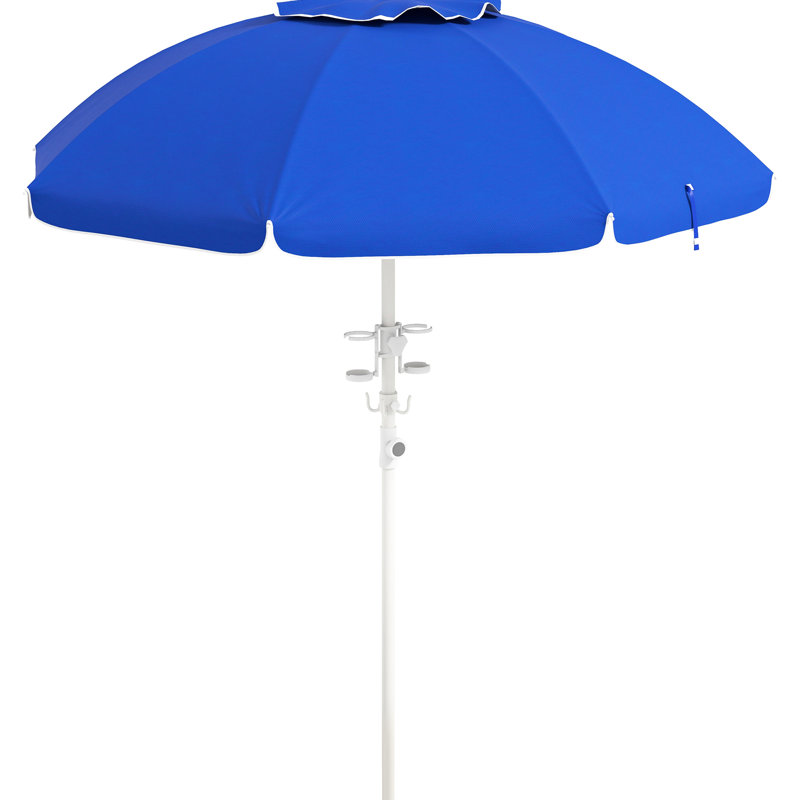 40+ parasol de plage protégé avec inclinaison et hauteur réglable, 2 porte-gobelets et crochets, auvent ventilé bleu pour la fonction de hauteur extérieure, protection, fentes ventilées