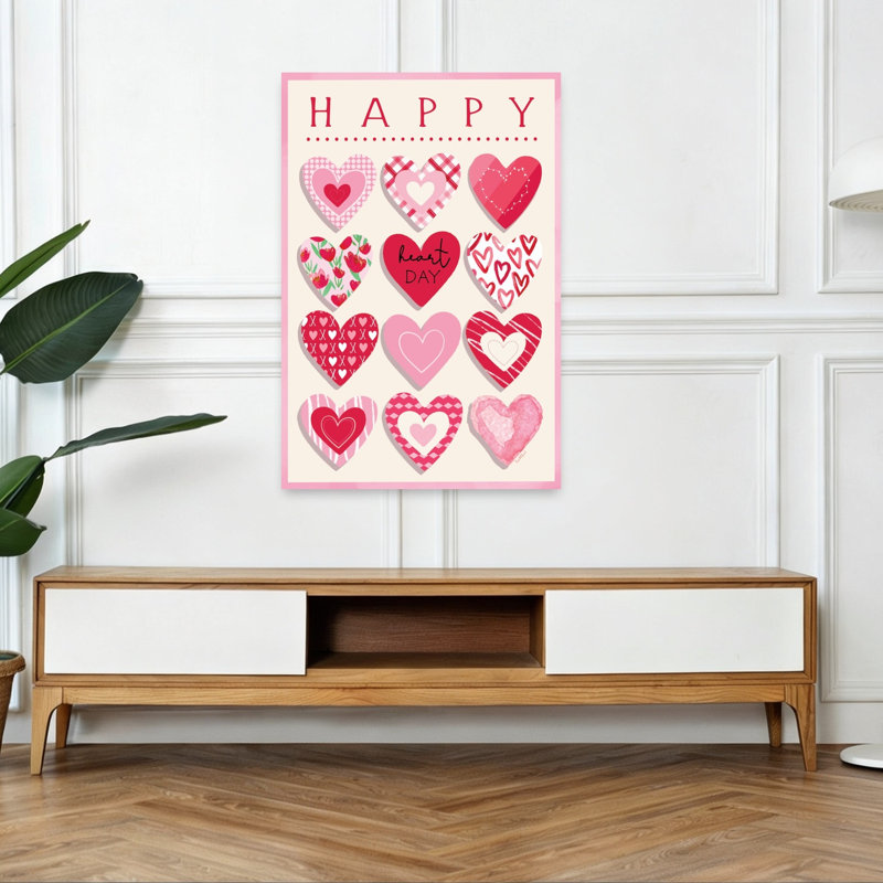 «Happy Hearts», art mural abstrait fantaisiste romantique, 48" H x 32" W