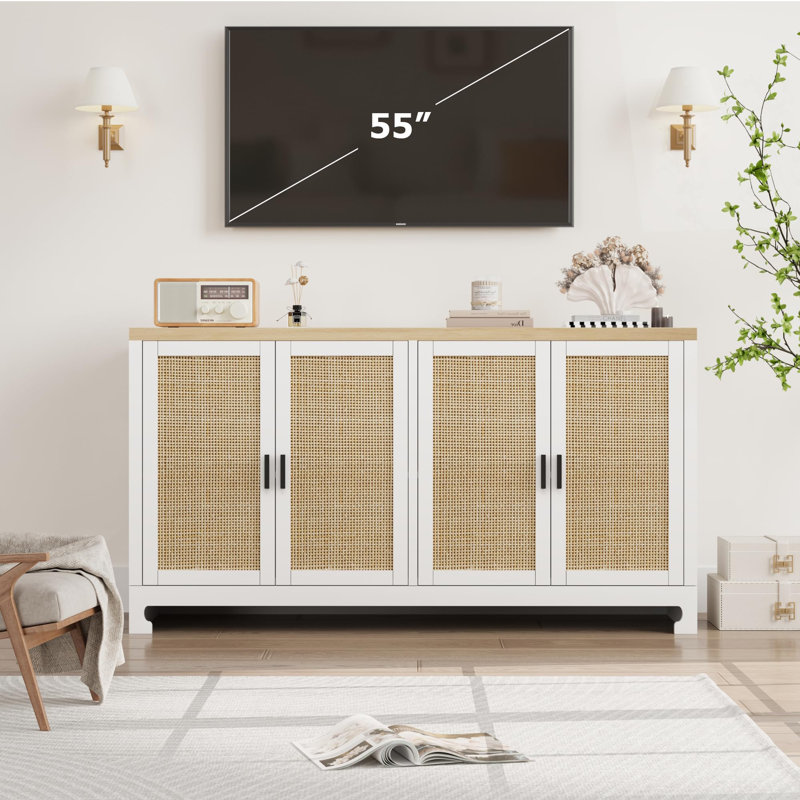White and Natural Rattan 4-Door Buffet Cabinet with Shelf