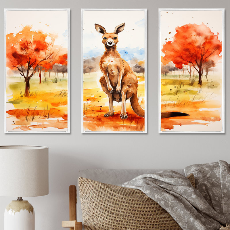 Kangaroo Outback - Kangaroo Animal Wall Art, 28" H x 36" W, White Floater Framed