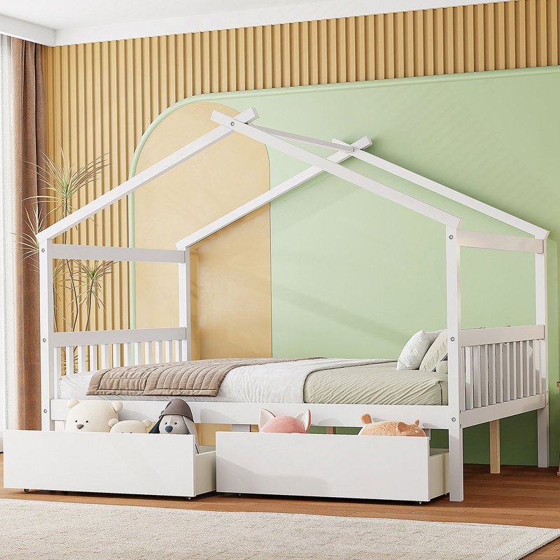  Lit maison avec tiroirs, Blanc, Double
