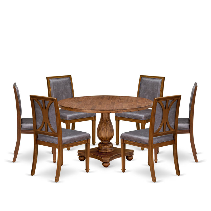 L'ensemble de salle à manger 7 pièces se compose d'une table ronde et de 6 chaises en similicuir gris foncé avec dossier élégant et finition noyer antique.