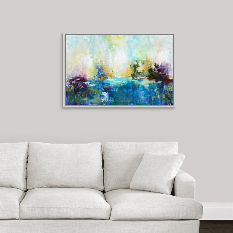 « karmic energy », peinture sur toile, H 33,7 po x l 49,7 po x P 1,75 po, Cadre flottant blanc