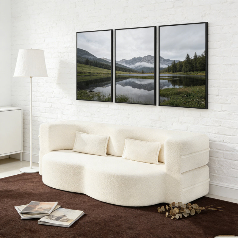 Modern Floor Sofa with 2 Pillows, Beige+White, Corduroy