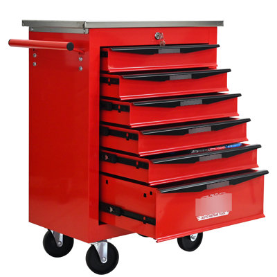 6 tiroirs, chariot à outils roulant, acier laminé à froid, volants, freins de stationnement, verrouillage à clé, glissières de tiroir d'une capacité de chargement de 15 kg, poignée à tirer, rangement en métal pour atelier de mobilité, acier lisse
