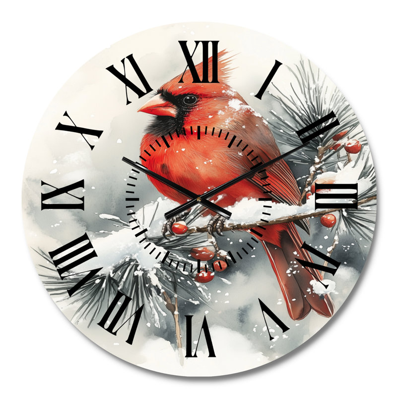 Horloge murale en métal rouge nature avec un cardinal dans un paysage hivernal, Petit