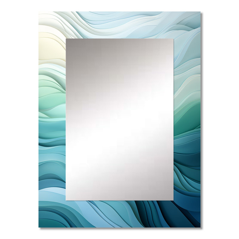 Gree and white Sway wave Serenity III - Geometric Large Mirror, Green Decorative Wall Mirror, Printed Metal Art, 32" x 24"