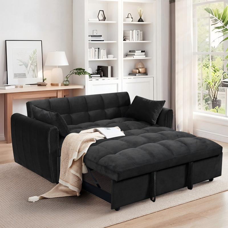 3-In-1 Convertible Sleeper Sofa Bed With Adjustable Backrest,65''Modern Velvet Pull Out Couch Sofa Bed With 2 Pollows, Black