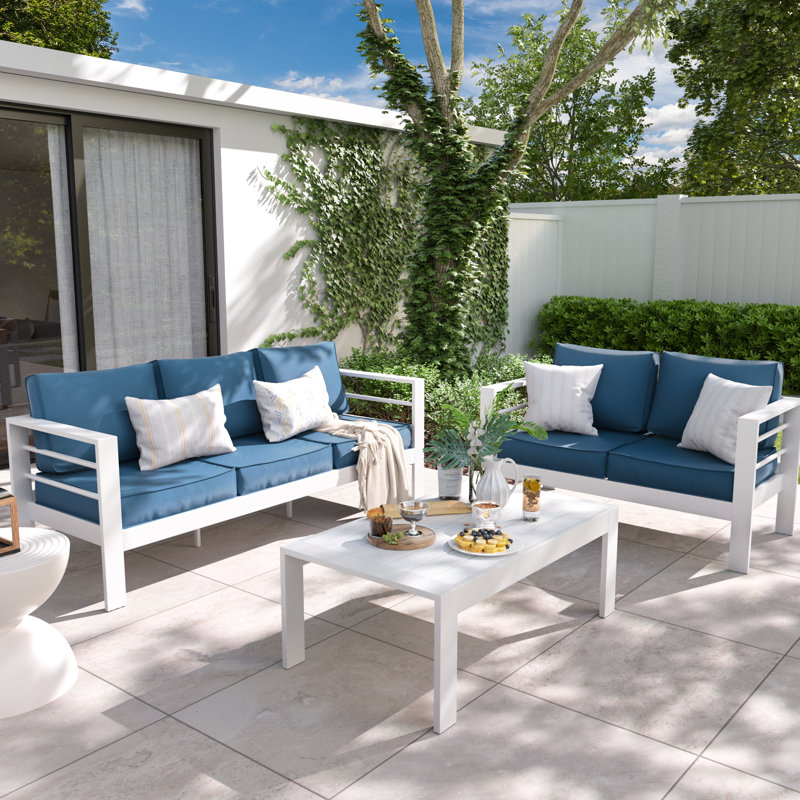 Kassian 5 - Person Patio Conversation Set with Cushions, Blue, White