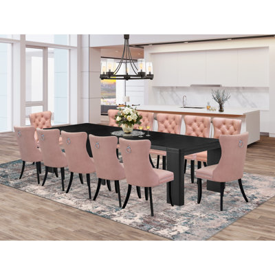 13-piece Modern Dining Table Set a Rectangular Kitchen Table and 12 Beige Red Polyester fabric Dining Chairs, Wire Brushed Black Finish.