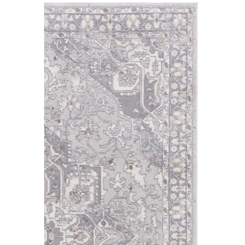 Tapis oriental en polypropylène / polyester tissé à la machine en gris / beige, Rectangle 9 pi x 12 pi