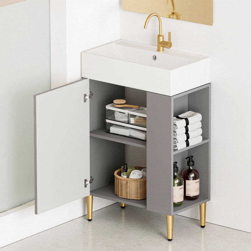 Meuble-lavabo gris 21,6 po avec lavabo en céramique, porte à fermeture douce et étagère de rangement ouverte, Gris