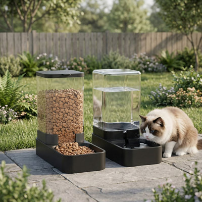 Bundled Automatic Feeder and Water Dispenser for Pets, Includes Food Bowl, Gravity-Driven Waterer and Dry Food Feeder for Small/Medium Dogs, Cats, Puppies, Kittens, High Capacity (3.3L), Black