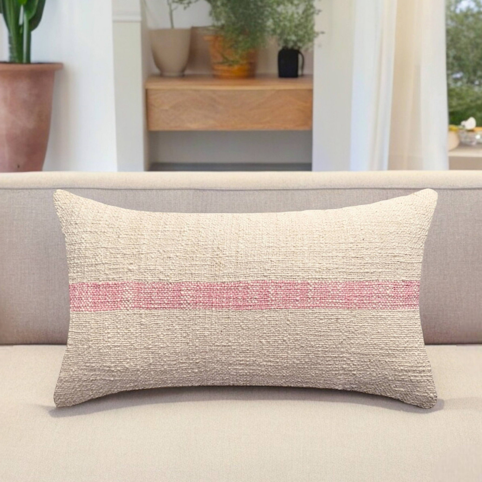 PILLOWPIA 20" x 12" Cotton Pillow Cover, Beige/Pink
