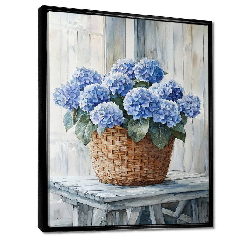 Hortensias dans un panier de ferme III - hydrangées, art mural, Noir, Reproduction avec cadre flottant, H 20 po x l 12 po