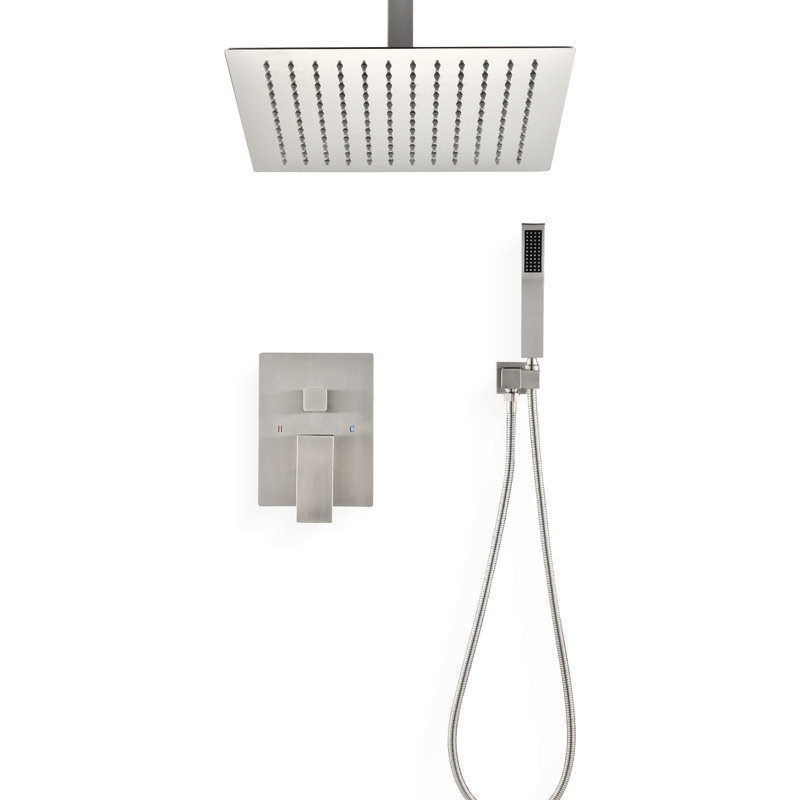 Douche de plafond en nickel brossé avec tête de 10 po et douchette - Imite l'effet de pluie naturelle, buse autonettoyante, répond aux exigences d'installation standard américaines, mur inclus