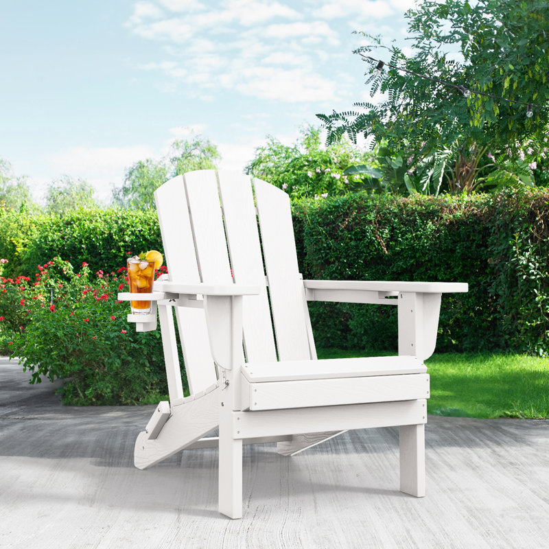 Delman High Density Polyethylene Folding Adirondack Chair With Double Cup Holder, White