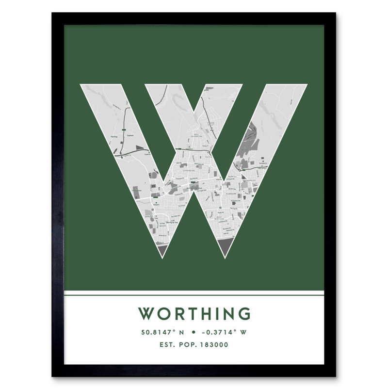 Worthing City Map Worthing Green by Wee Blue Coo - Single Picture Frame Typography