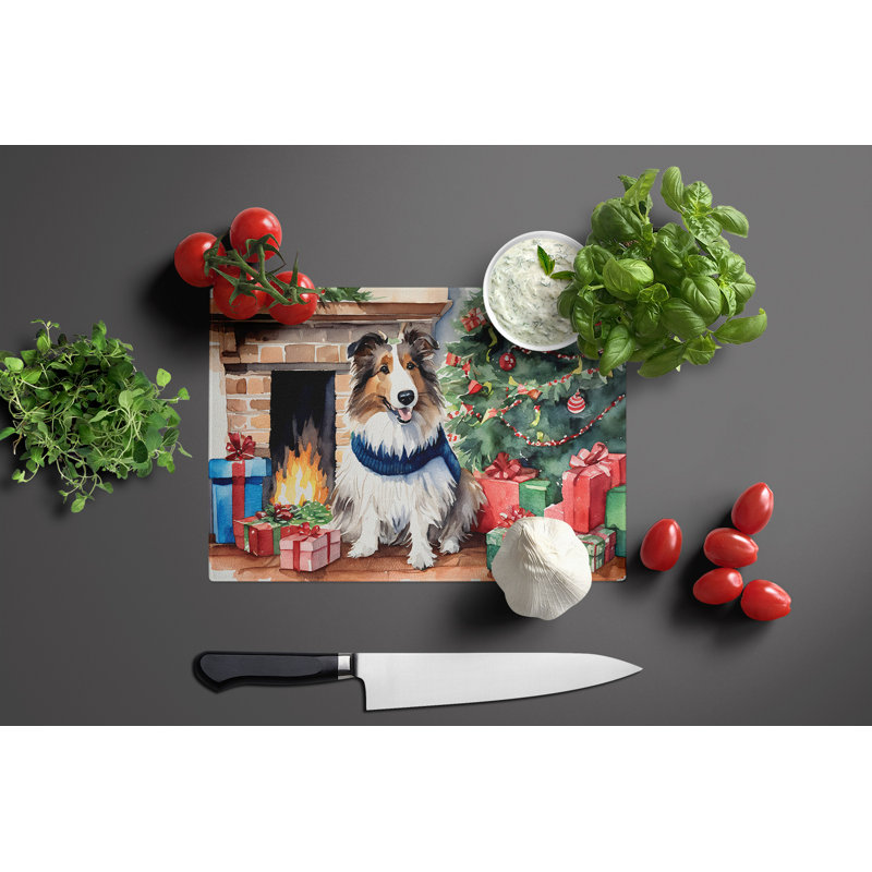 Grande planche à découper en verre Sheltie Cozy Christmas
