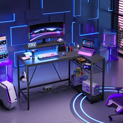 Thielsen 48" L Shaped Computer Desk with Power Outlet, LED Gaming or Work Desk with Monitor Stand