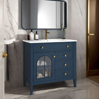 Meuble-lavabo de salle de bain 35,6 po avec lavabo, meuble-lavabo autoportant avec 1 tiroir rabattable, 2 tiroirs et 1 armoire, tablette réglable, verre à motif, bande lumineuse à capteur de mouvement