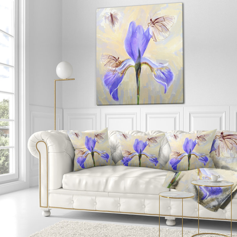 Croquis de fleur bleue avec papillons - coussin imprimé floral, 16 po x 1 po, Coussin décoratif