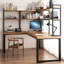 Bureau d'ordinateur en L en bois massif avec bibliothèque intégrée-1150519059