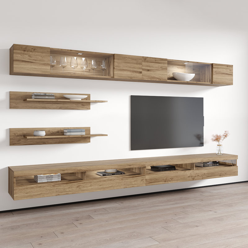 Bergenia 126" Modern Floating Wall Mounted Entertainment Center with 16-Color LED Lighting, High Gloss Finish, Oak