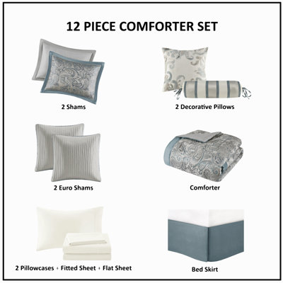 Ensemble de couette 12 pièces en satin de coton, bleu sarcelle, taille Queen