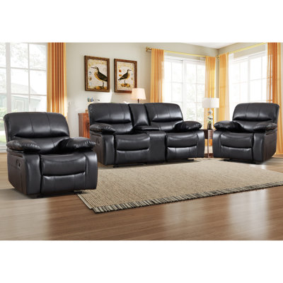 Ensemble de salon inclinable manuel en similicuir 3 pièces avec console de rangement et porte-gobelets