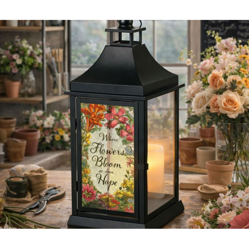 Grande lanterne d'extérieur où des fleurs