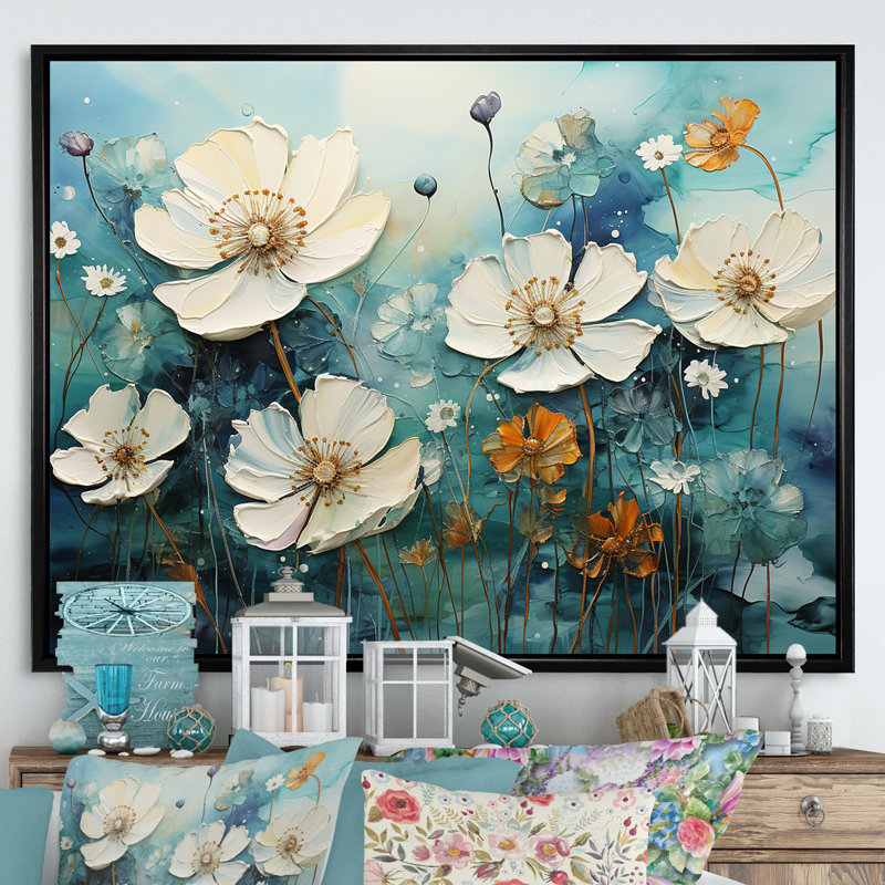 «Misty Flower Meadows» sur toile, Cadre flottant noir, H 34 po x l 44 po x P 1,5 po