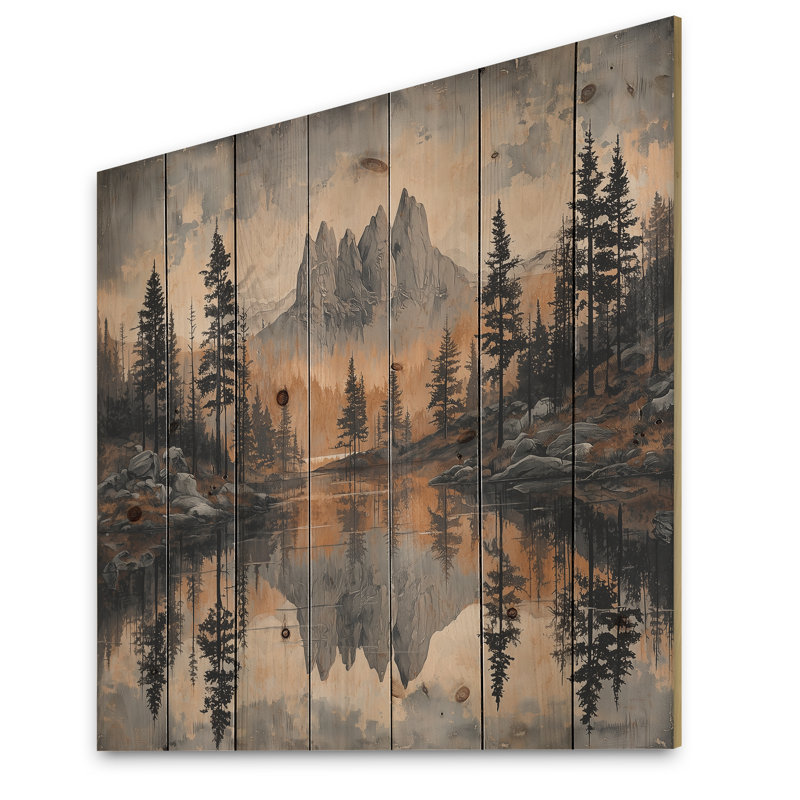 «Mountains Woodland Reflection In Canada I», impression de paysage de montagnes - sur bois de pin naturel