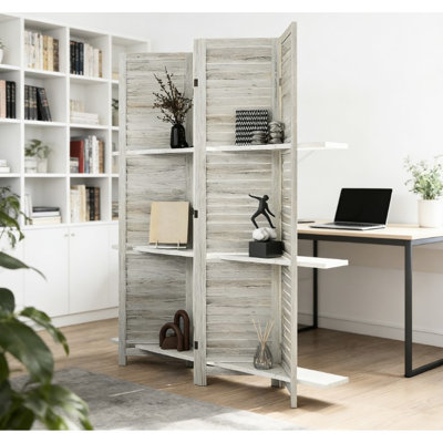 Paravent d'intimité, bois à quatre panneaux, conception pliante pour un rangement facile, décoration à trois tablettes, charnières en acier, espace de vie et de bureau, option de rangement en bois, tablettes de présentation, bon