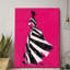 60*40,2D Flat, Modern Woman Silhouette Wall Art Framed Canvas - Black & White Striped Gown on Hot Pink Background, Suitable for Living Room & Fashion Decor.