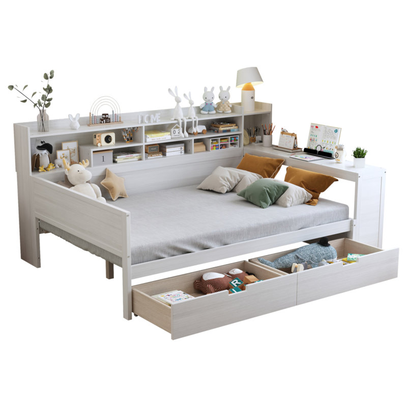 Lit de jour double en bois avec tablettes de rangement, lit multifonctionnel avec deux tiroirs et bureau d'étude
