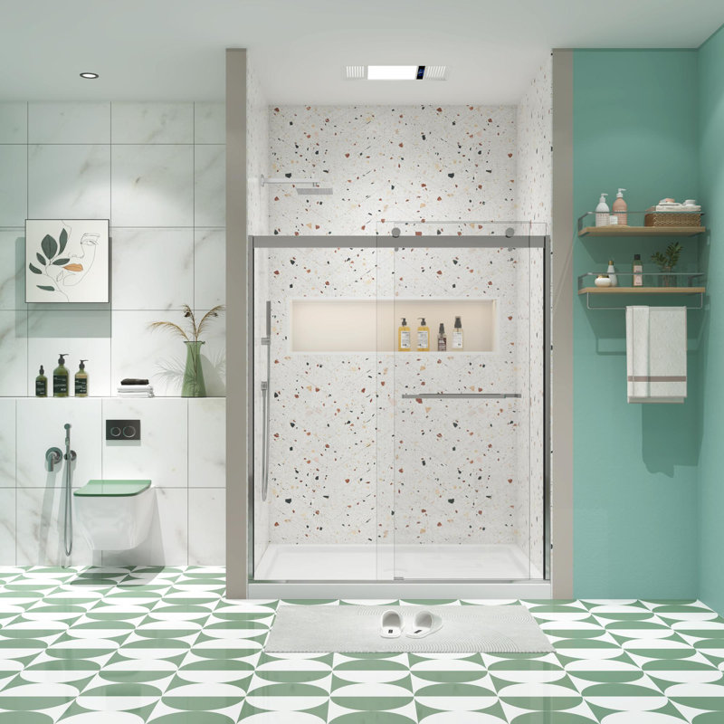 Porte de salle de bain avec cadre en aluminium de 56 à 60 po x H 74 po, Chrome chrome