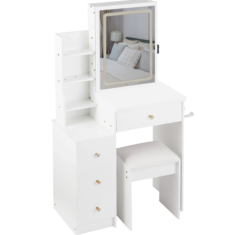 Petite coiffeuse 29,2 po avec tabouret de chevet gauche + tabouret rembourré, 2 blocs d'alimentation CA + 2 ports USB, support pour séchoir à cheveux, très grand miroir à DEL coulissant à contrôle tactile, changement de luminosité tricolore, réglage de la luminosité