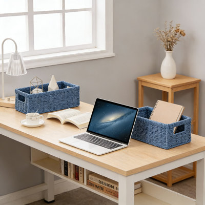 Handwoven Paper Rope Storage Baskets With Handles, 2-Pack Wicker Organizer Bins For Bathroom, Living Room, And Home Decor