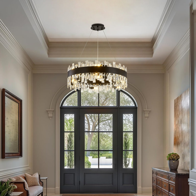 23.6 Inch Black Dimmable Round K9 Crystal Chandelier with Adjustable Height for Dining Room Kitchen Bedroom, Matte Black, 12