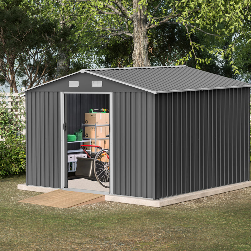 Remise en métal verrouillable 10 pi x 8 pi, gris pour patio et pelouse, extérieur avec base, verrouillable, Gris