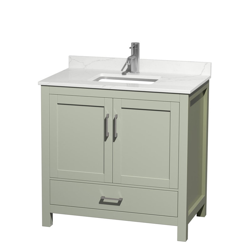 Ensemble de meuble-lavabo simple 36 po avec plateau en quartz Sheffield, Vert, Nickel brossé, Quartz Giotto