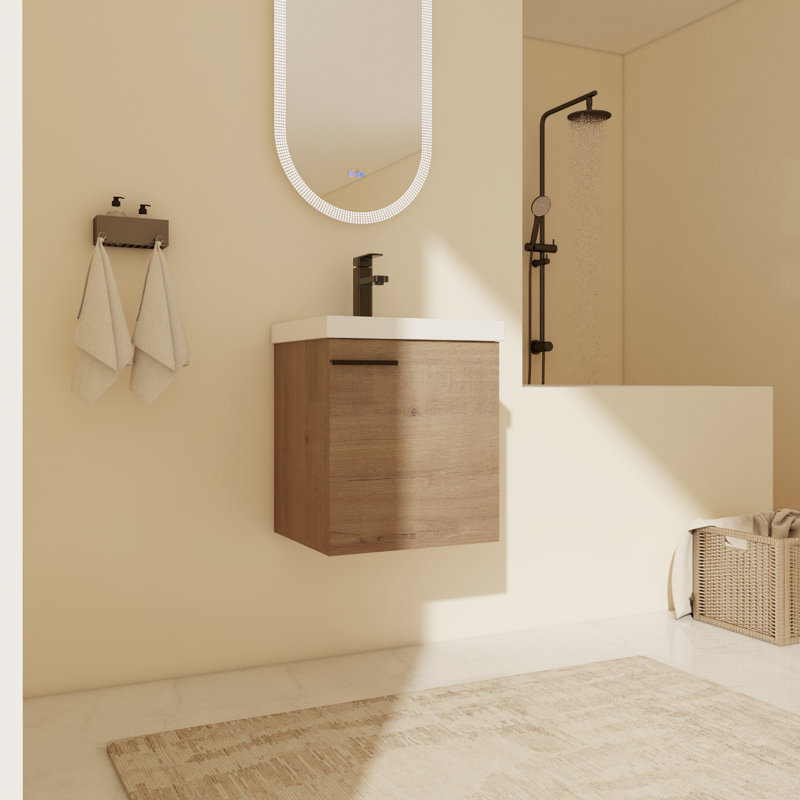 Dareth 18.13'' Wall Mounted Single Bathroom Vanity With Ceramic Top, Imitative Oak