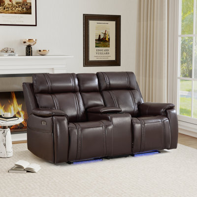 Causeuse inclinable contemporaine en similicuir de 75,6 pouces de large avec console de rangement rabattable, deux porte-gobelets et charge USB