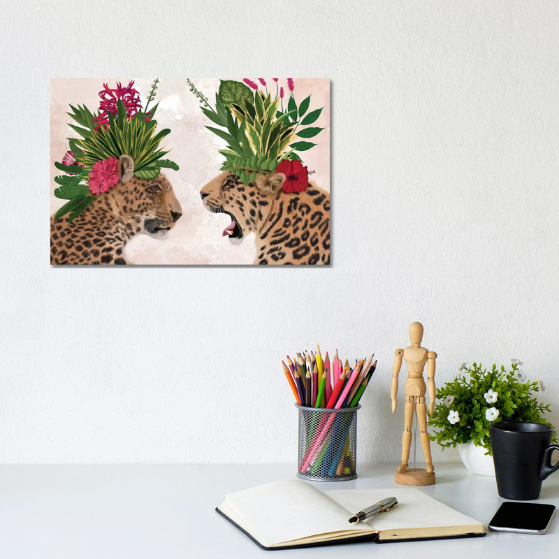 «Hot House Leopards, pair, rose vert» par Fab Funky - impression sur toile tendue, H 8 po x l 12 po x P 0,75 po