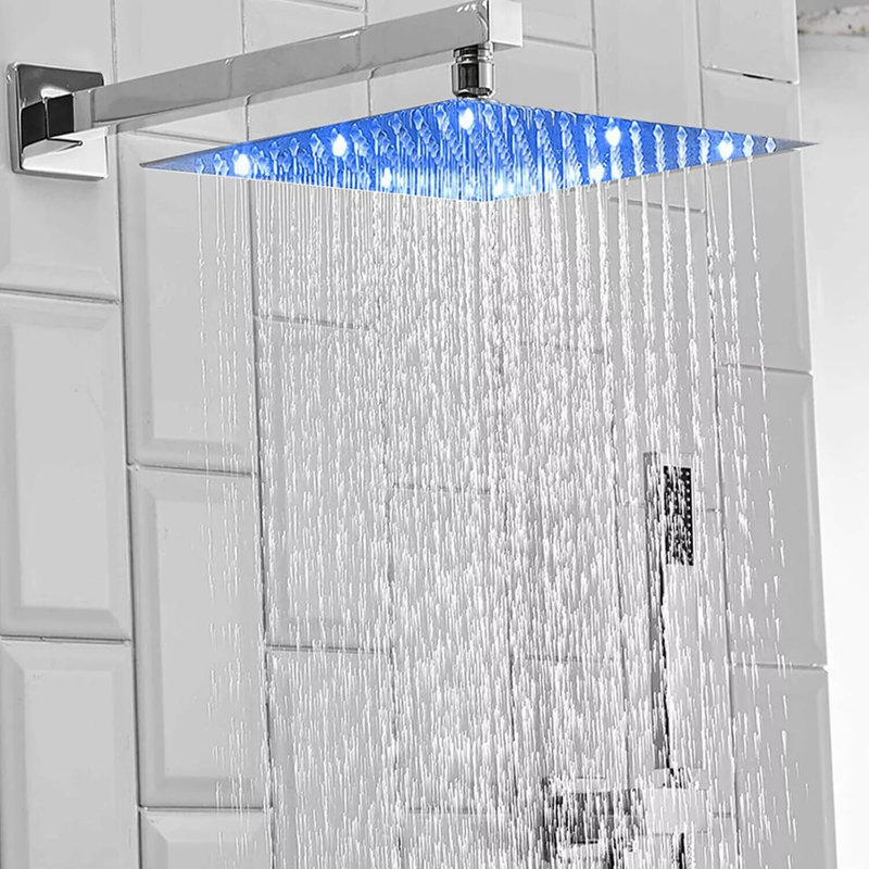 Système de robinet de douche à DEL avec douchette carrée 12 po avec robinet mélangeur chromé