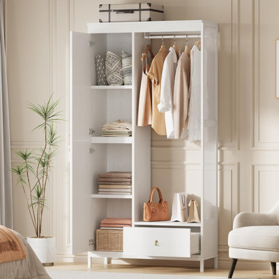 Modern Armoire Wardrobe Closet, Wood and Metal Frame Clothes Storage Organizer with Double Closed Doors, Open Hanging Rod, Bottom Drawer, Freestanding Bedroom Furniture for Small Spaces