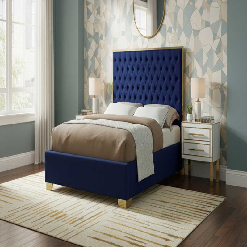 Spadaro Upholstered Platform Bed, Navy Velvet, Gold, Full