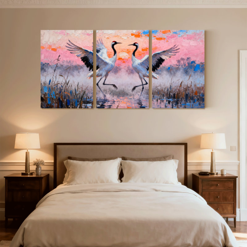 Oiseaux, grues en vol au coucher du soleil, ensemble de 3 impressions sur toile, H 18 po x l 36 po